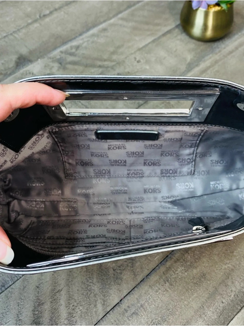 Michael Kors Berkley Signature Mirror Logo Clutch Pewter Metallic